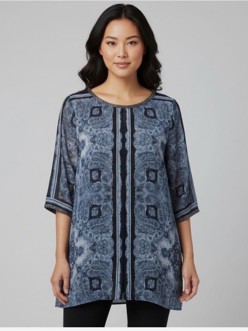 Chico's Paisley print Sheer Beaded Trim tunic top Blu/wht wmns sz 2 (large)